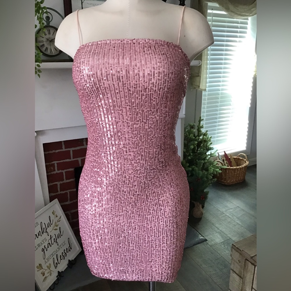Bear Dance pink sequins tee strap dress.EUC